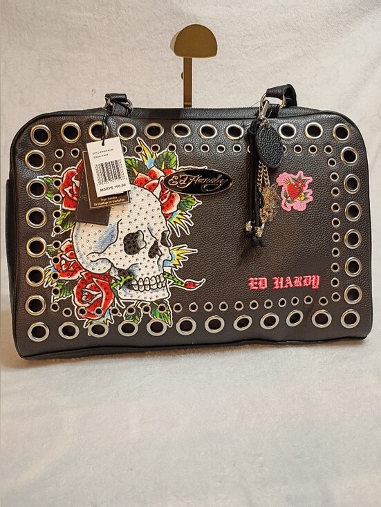 Ed Hardy Handbags - Ed Hardy Black Skull & Rose Eyelet Satchel